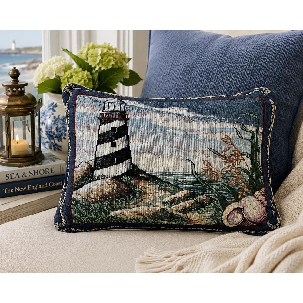 Woven Light House Ropes Sea Shore Blue Tapestry Pillow 17" x 12" Nautical Beach
